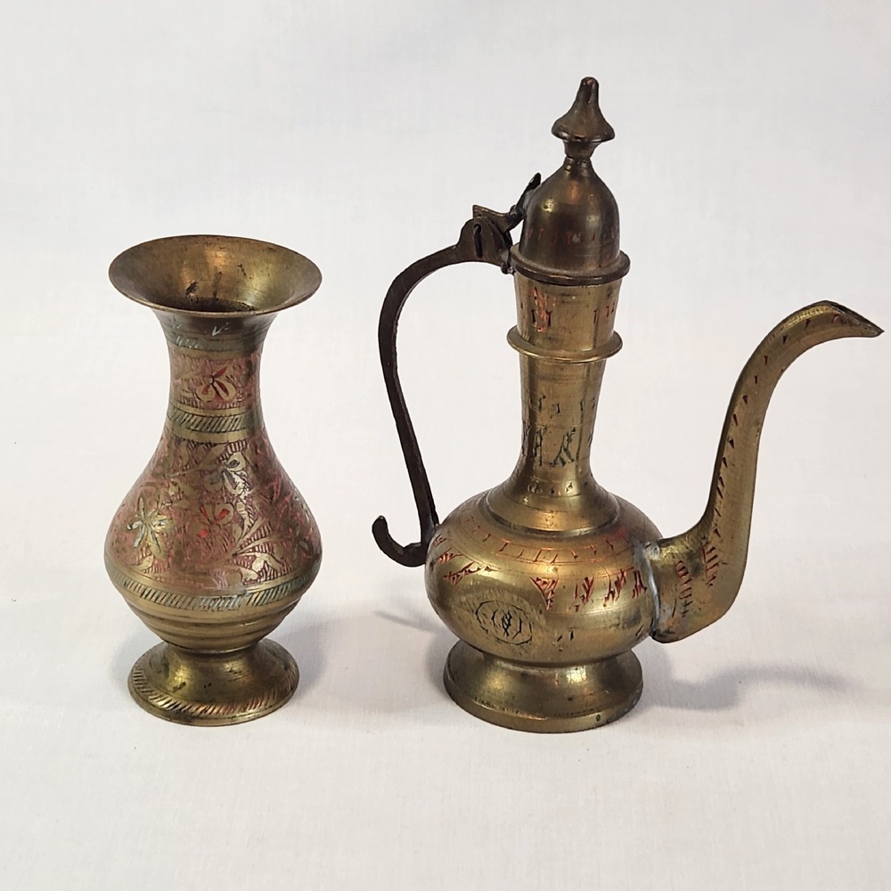 Vintage Brass Vase 4" + Aftaba Ewer‎ Pitcher 6"